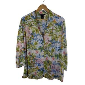 Investments Floral Bird Print Blouse Size 2X Lightweight Sheer Tropical Boho